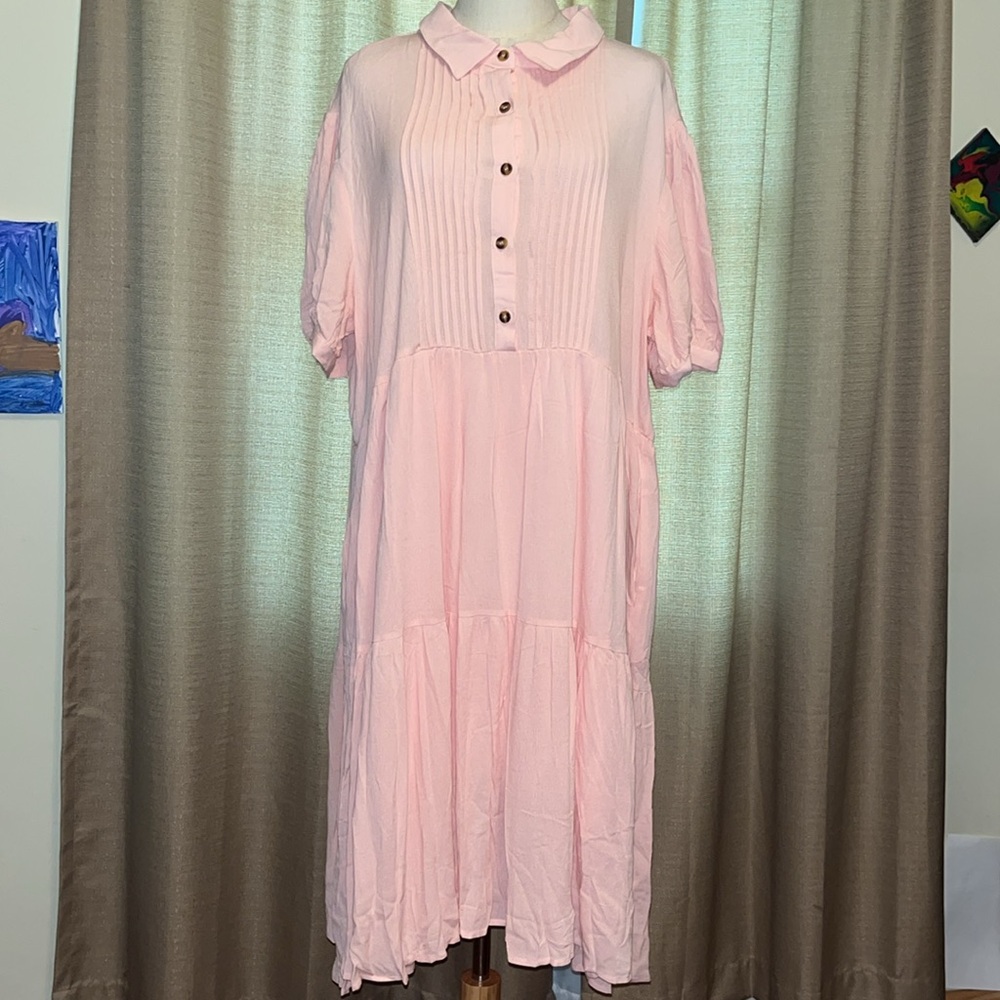 DAVI & DANI Rose Pink Button Up Ruffle Tier Midi Dress Womens Plus Size 2X NWT